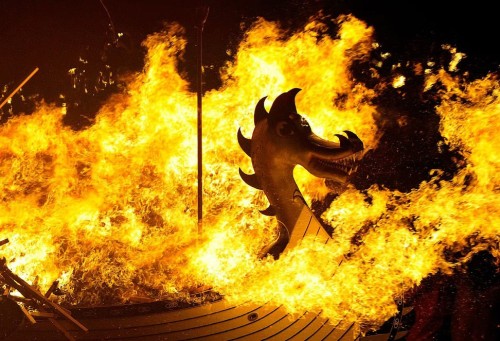 The Viking longboat burns during the annual Up Helly Aa festival in Lerwick, Shetland Islands, on Ja